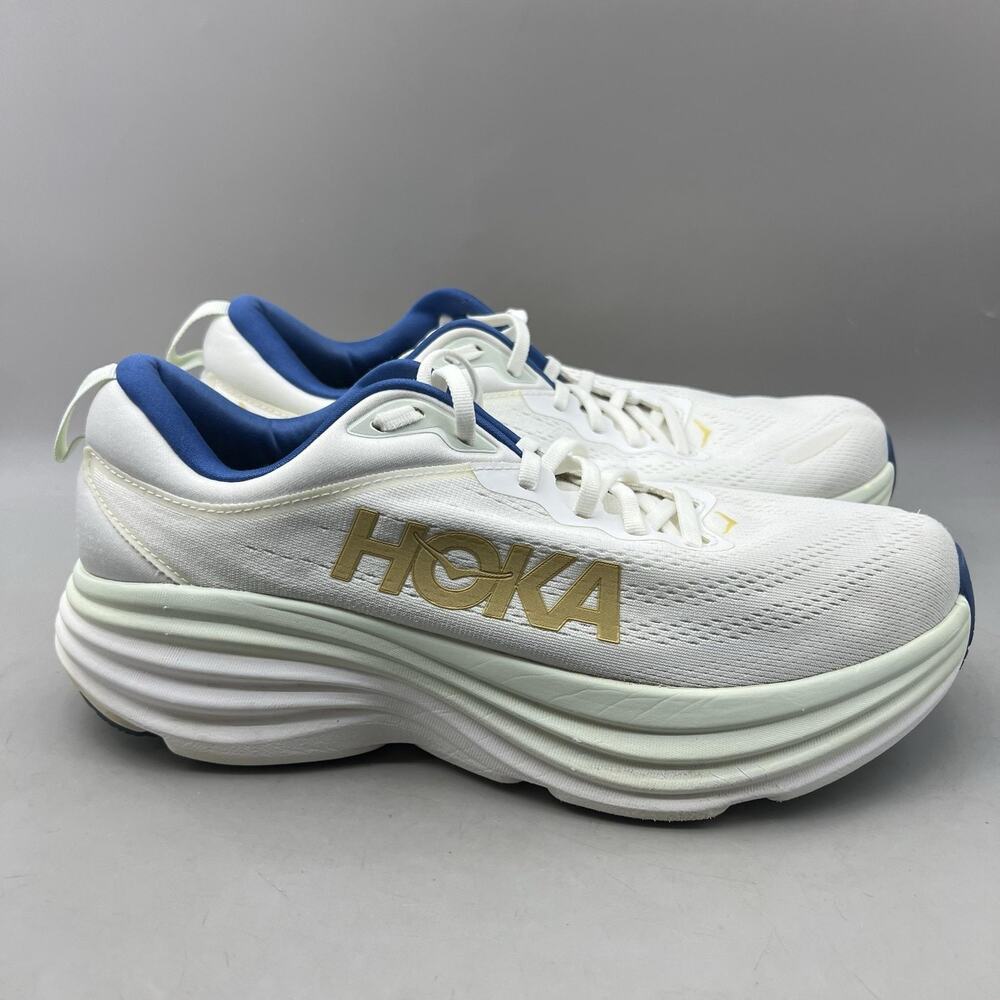 Hoka One One Bondi 8 Running Shoes Men Size 11 D White Blue Comfort Low Sneakers